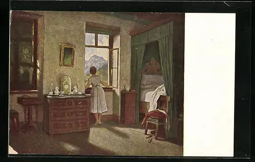 Künstler-AK G. Hirth`s Verlag, Serie: Nr. 126, Junge Frau am geöffneten Fenster mit Alpenpanorama