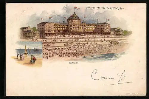 Lithographie Scheveningen, Kurhaus, Strandpartie mit Segelbooten