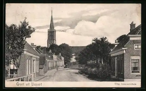 AK Usquert, Strassenpartie mit Kirche, Kerk