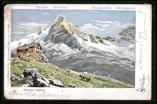 Künstler-AK Geraer Hütte, Blick auf Berghütte mit Fussstein und Alpeiner-Scharte