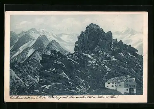 AK Edelhütte, Berghütte an einer Felswand im Zillertal
