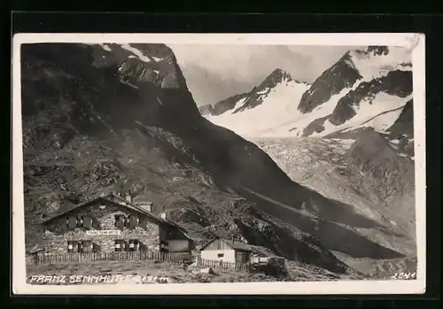 AK Franz Senn-Hütte, Gesamtansicht mit Gebirgspanorama