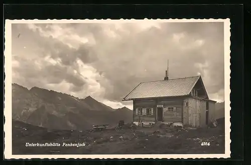 AK Unterkunftshütte Penkenjoch, Berghütte mit Gebirgspanorama