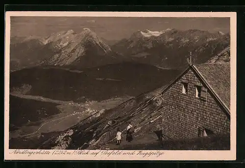 AK Nördlingerhütte, Berghütte mit Blick auf Seefeld und Zugspitze