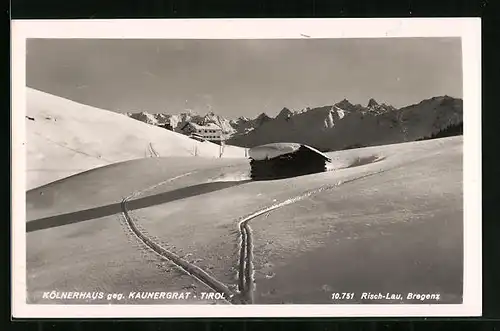 AK Kölnerhaus, Berghütte im Schnee gegen Kaunergrat