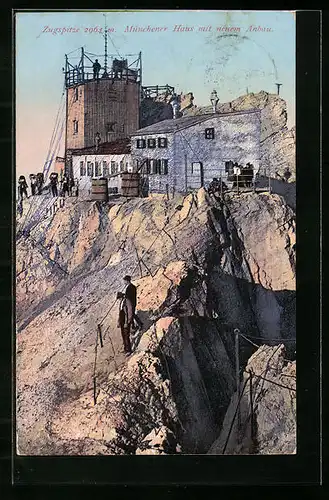 AK Münchener Haus, Berghütte mit neuem Anbau auf der Zugspitze