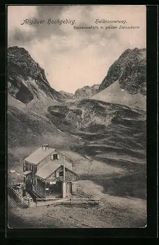 AK Rappenseehütte, Berghütte vor grosser Steinscharte