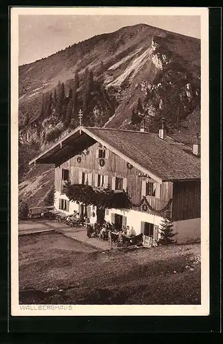 AK Wallberghaus, Ausflugsgäste vor der Hütte, Bergpanorama