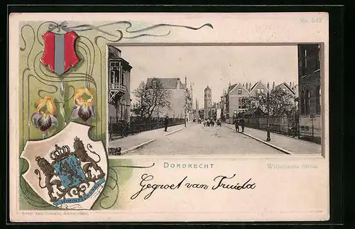 Präge-Passepartout-Lithographie Dordrecht, Wilhelmina Straat, Wappen