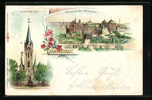 Lithographie Darmstadt, Johanniskirche, Schloss mit dem Glockenbau