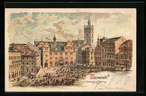 Lithographie Darmstadt, Marktplatz mit Rathaus