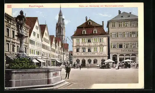 AK Reutlingen, Partie am Marktplatz mit Maximilianbrunnen