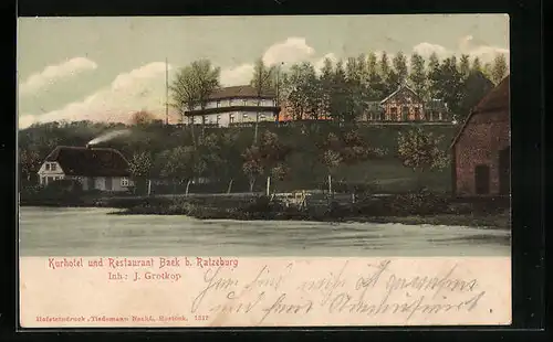 AK Baek b. Ratzeburg, Flusspartie mit Kurhotel und Restaurant