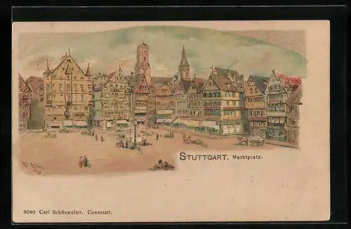 Lithographie Stuttgart, Passanten am Marktplatz