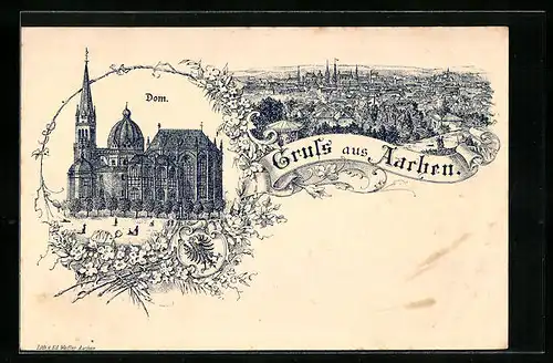 Künstler-AK Aachen, Total und Dom Ansicht