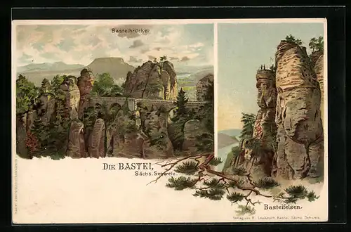 Lithographie Bastei, Basteifelsen und Basteibrücke