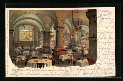 Lithographie Hamburg, Gasthaus zum Rathsweinkeller, Innenansicht