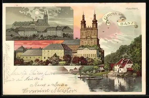 Lithographie Banz, Hausen, Schloss, Kirche