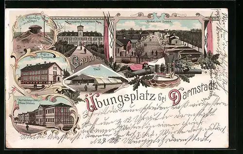 Lithographie Darmstadt, Übungsplatz: Baracken-Lager, Preussisches Stabsgebäude, Post & Wacht-Commando