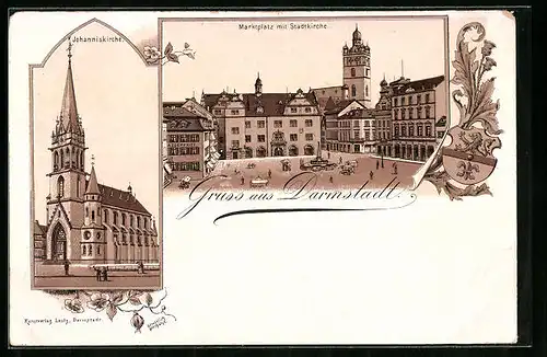 Lithographie Darmstadt, Marktplatz mit Stadtkirche, Johanniskirche