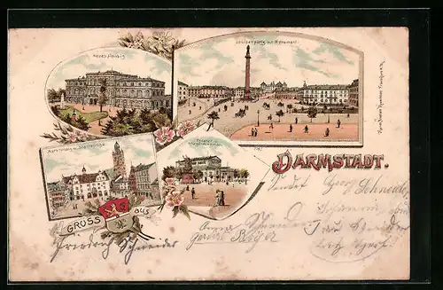 Lithographie Darmstadt, Louisenplatz mit Monument, Neues Palais, Stadtwappen