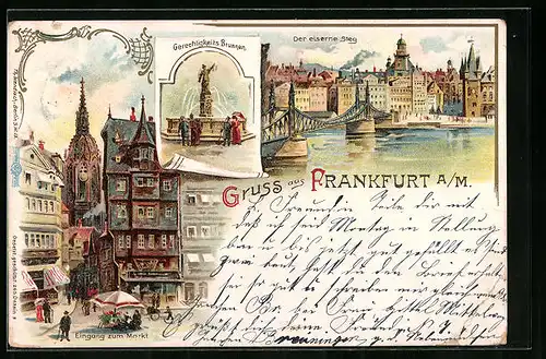 Lithographie Alt-Frankfurt, Gerechtigkeits Brunnen, Der eiserne Steg, Eingang zum Markt