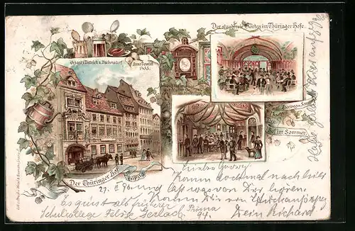 Lithographie Leipzig, Gasthaus Thüringer Hof - Aussenansicht, Garten, Saal