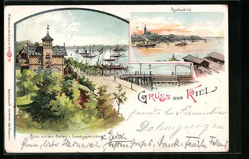 Lithographie Kiel, Hafenbild, Landungsbrücke