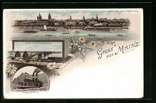 Lithographie Mainz, Mainz vom Castel gesehen, Neue Strassenbrücke, Rheindampfer