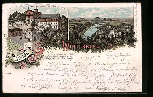 Lithographie Grosser Winterberg, Hotel, Blick auf die Elbe