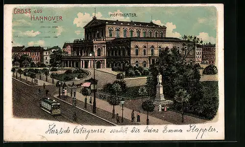 Lithographie Hannover, Hof-Theater mit Denkmal und Strassenbahn aus der Vogelschau