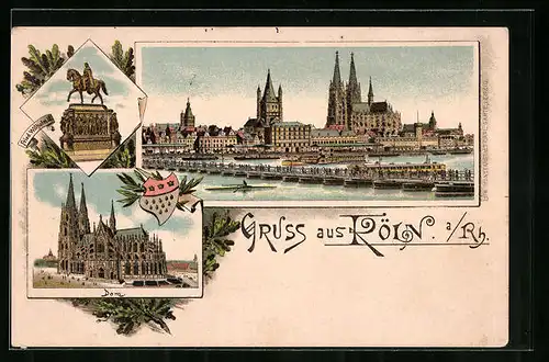 Lithographie Köln, Panorama vom Rhein aus, Dom, Stadtwappen