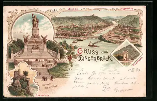 Lithographie Bingerbrück, National-Denkmal, Rheinstein