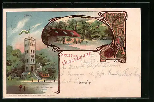 Lithographie Neukirch, Gasthof und König Johann-Turm auf dem Valtenberg