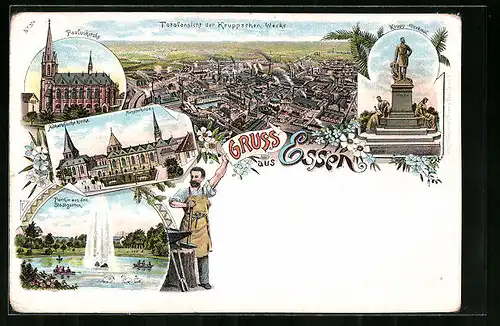 Lithographie Essen, Pauluskirche, Totalansicht der Kruppschen Werke, Figur eines Schmiedes