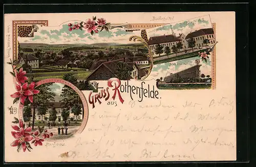 Lithographie Rothenfelde, Sool-Bad, Ortsansicht aus der Vogelschau, Kurhaus