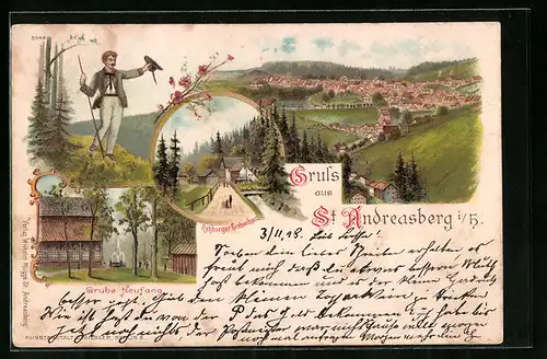 Lithographie St. Andreasberg i. H., Wanderer, Grube Neufang, Gesamtansicht