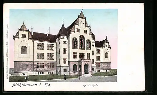 AK Mühlhausen i. Th., Realschule mit leuchtenden Fenstern