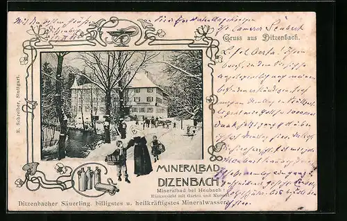 Künstler-AK Ditzenbach, Mineralbad Dizenbach im Schnee, mit Kindern und Nonne