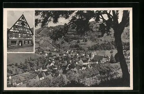 AK Wiesensteig, Gasthaus zum Kreuz und Ortsansicht aus der Vogelschau