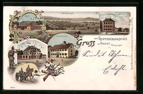 Lithographie Münsingen, Truppenübungsplatz im Hardt bei Münsingen - Casino, Baracken, Soldaten