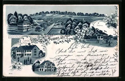 Lithographie Münsingen, Truppenübungsplatz - Gesamtansicht mit Casino, Ludwigs-Höhe, Hotel Fezer