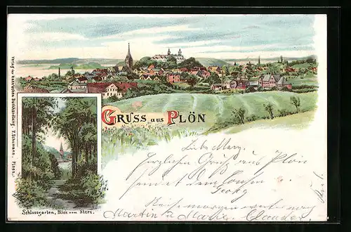 Lithographie Plön, Gesamtansicht und Schlossgarten