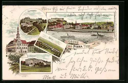 Lithographie Pirna, Panorama, Sonnenstein, Kaserne