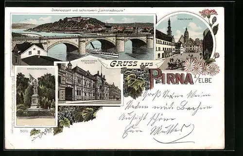 Lithographie Pirna /Elbe, Sonnenstein, Ansicht mit Elbbrücke, Kriegerdenkmal, Postamt