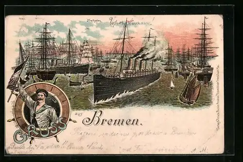 Lithographie Bremen, Freihafen mit Schiffen und Seemann mit Reichsflagge
