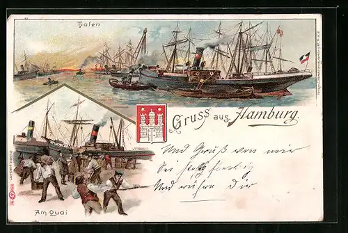 Lithographie Hamburg, Hafen mit Schiffen und Szene am Quai