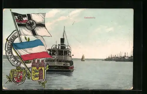 AK Flensburg, Hafenpartie mit Dampfschiff und Flagge d. kaiserl. Marine
