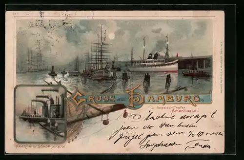Lithographie Hamburg, Segelschiffhafen Amerikaquai, Kräne i. d. Sandtorquai