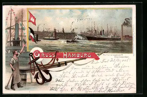 Lithographie Hamburg, Hafen, Reiherstiegswerft Steinwerder